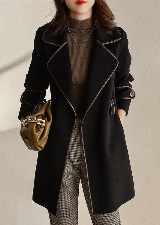 Black Notched Patchwork Pockets Tie Waist Woolen Coats Fall