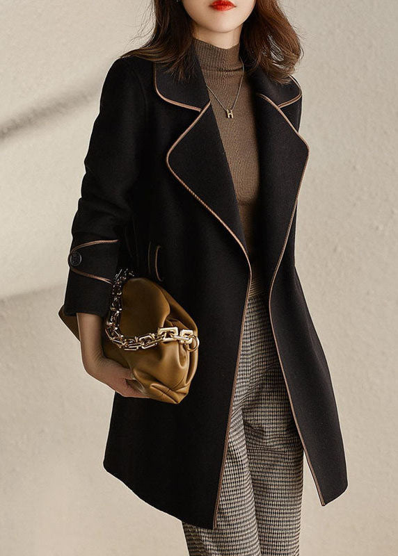 Black Notched Patchwork Pockets Tie Waist Woolen Coats Fall