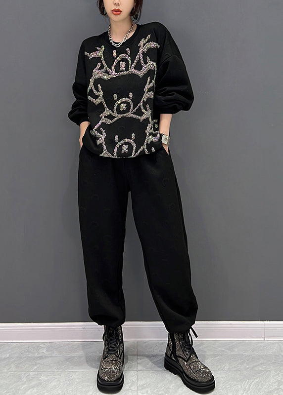 Black O-neck Animal Print Pullover and Pants Two Pieces Set Fall