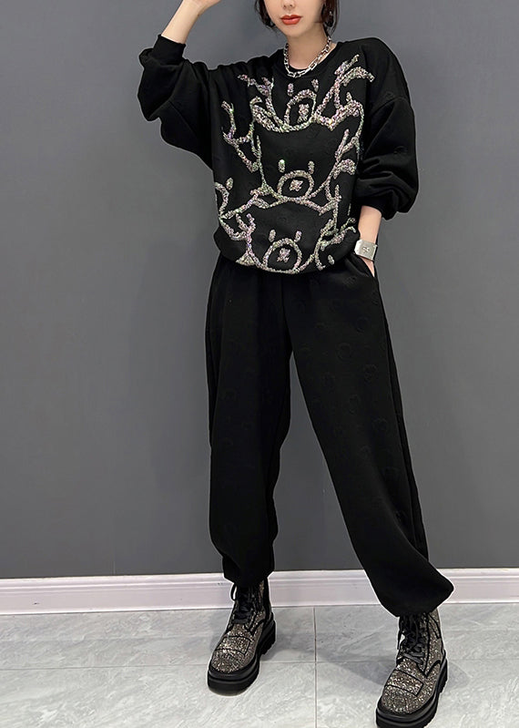 Black O-neck Animal Print Pullover and Pants Two Pieces Set Fall