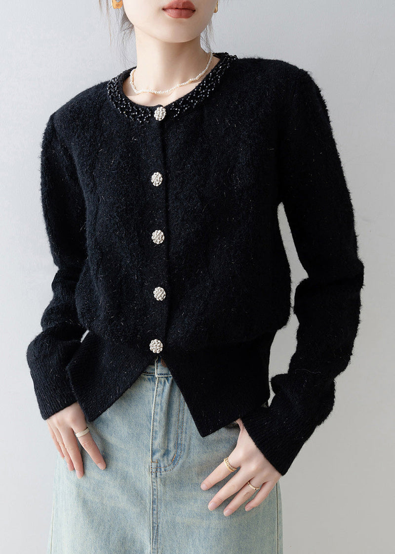 Black O Neck Button Knit Cardigans Spring