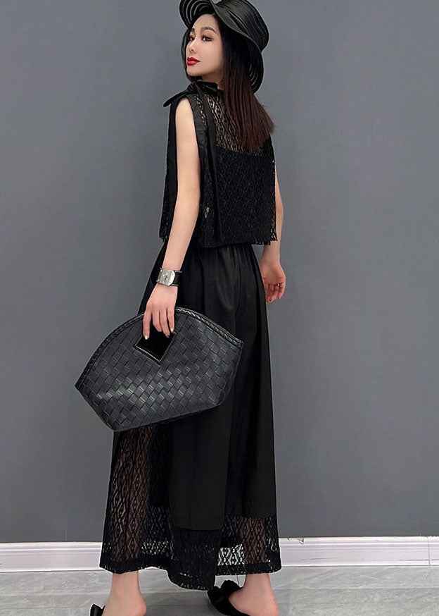Black O-neck Hollow Out Lace Patchwork Cotton Vest Tops and Wide Leg Pants Two Pieces Set Summer