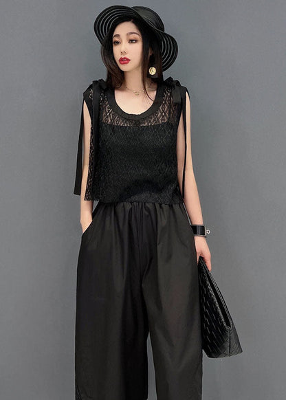 Black O-neck Hollow Out Lace Patchwork Cotton Vest Tops and Wide Leg Pants Two Pieces Set Summer