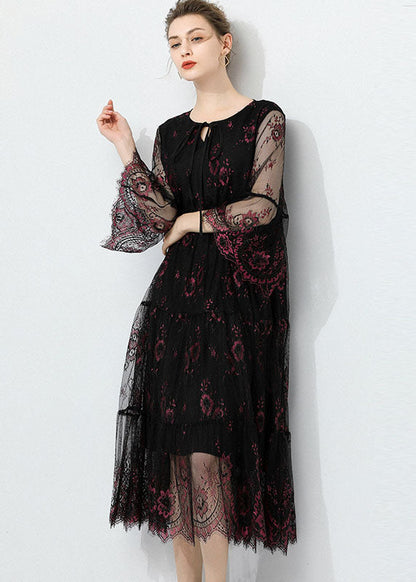 Black O Neck Hollow Out Lace Patchwork Tulle Dress Summer