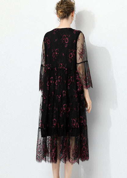 Black O Neck Hollow Out Lace Patchwork Tulle Dress Summer