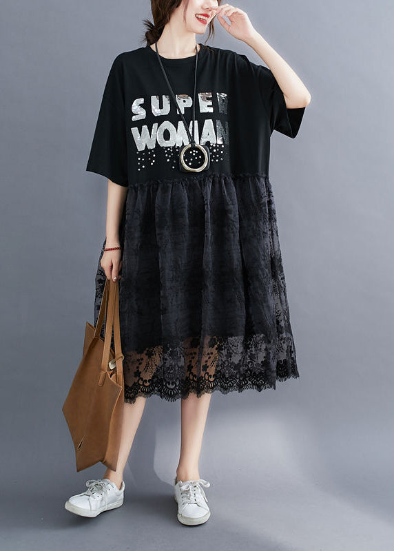 Black O-neck Lace Patchwork Cotton Holiday Dress Half Sleeve