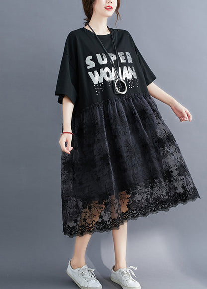 Black O-neck Lace Patchwork Cotton Holiday Dress Half Sleeve