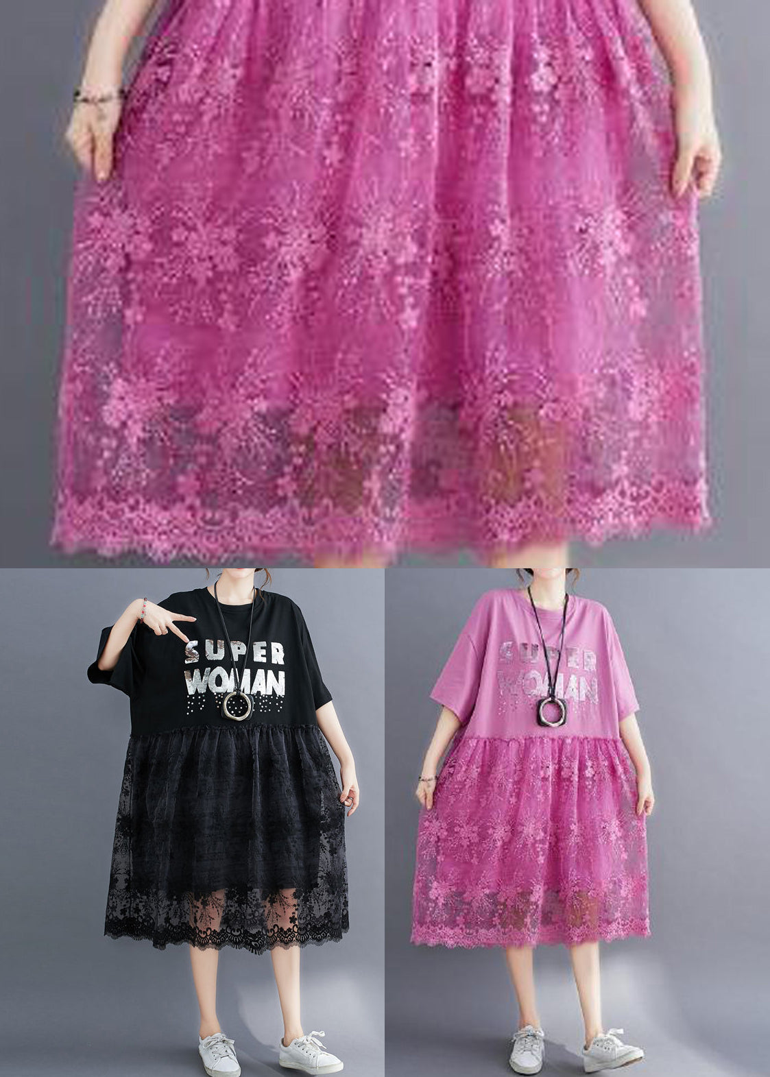 Black O-neck Lace Patchwork Cotton Holiday Dress Half Sleeve