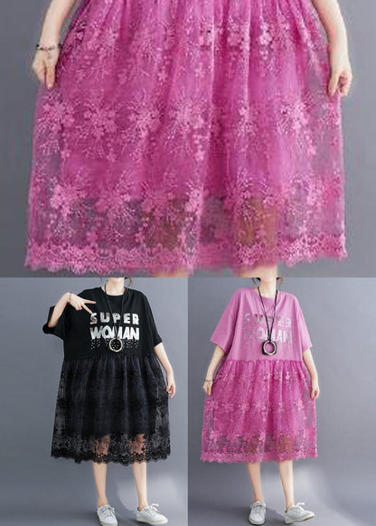 Black O-neck Lace Patchwork Cotton Holiday Dress Half Sleeve