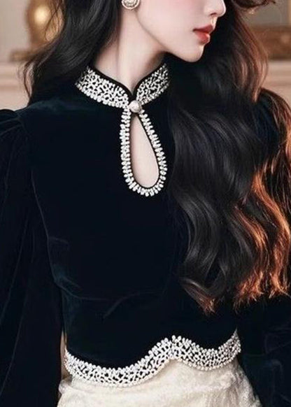 Fashion Black O-Neck Patchwork Silk Velour Top Lantern Sleeve