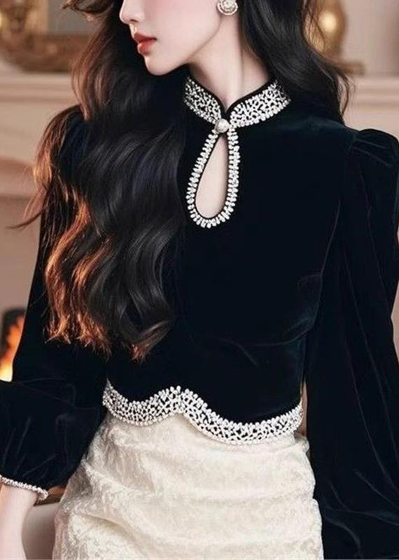 Black O-neck Patchwork Silk Velour Top Lantern Sleeve