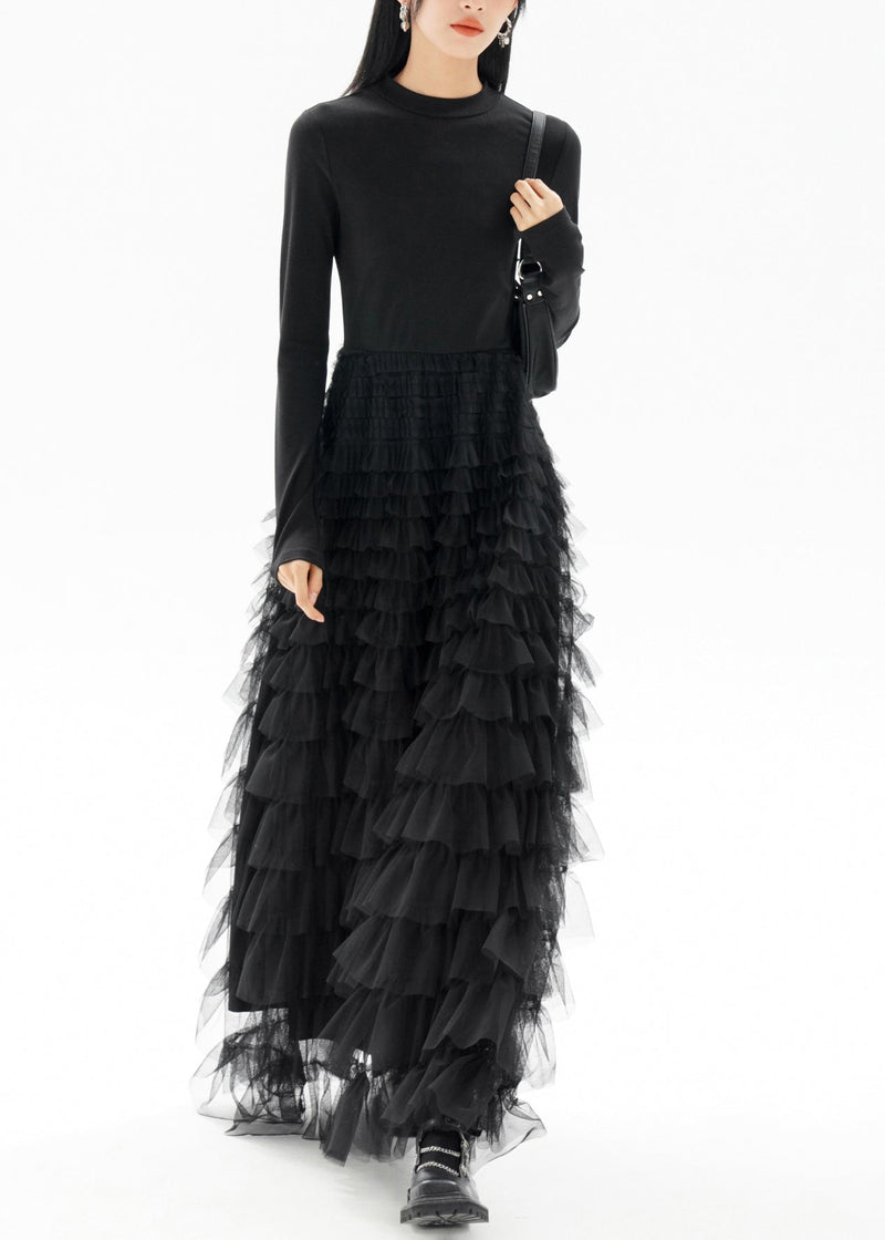 Black O-neck Patchwork Tulle Long Dresses Fall