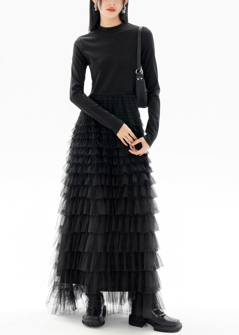 Black O-neck Patchwork Tulle Long Dresses Fall