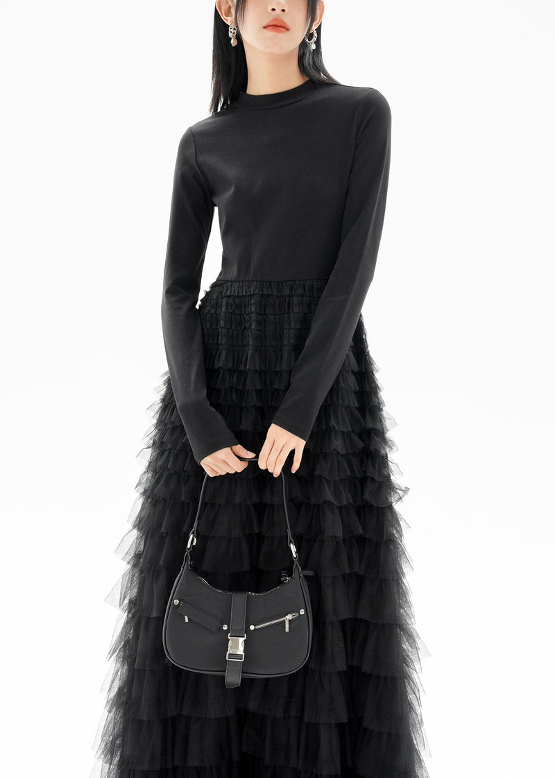 Black O-neck Patchwork Tulle Long Dresses Fall