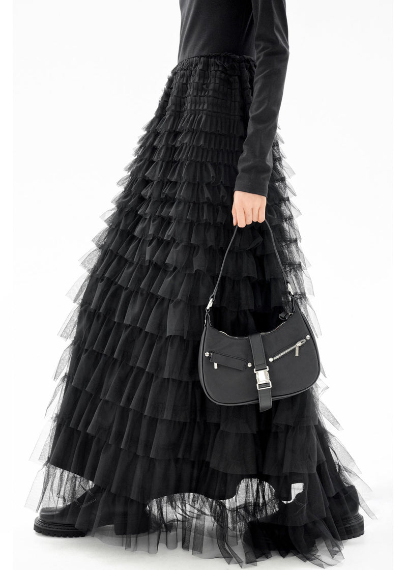 Black O-neck Patchwork Tulle Long Dresses Fall