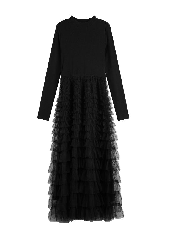 Black O-neck Patchwork Tulle Long Dresses Fall