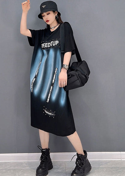 Black O-neck Print Cotton Dress Short Sleeve