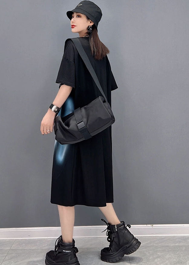 Black O-neck Print Cotton Dress Short Sleeve