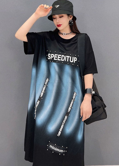 Black O-neck Print Cotton Dress Short Sleeve