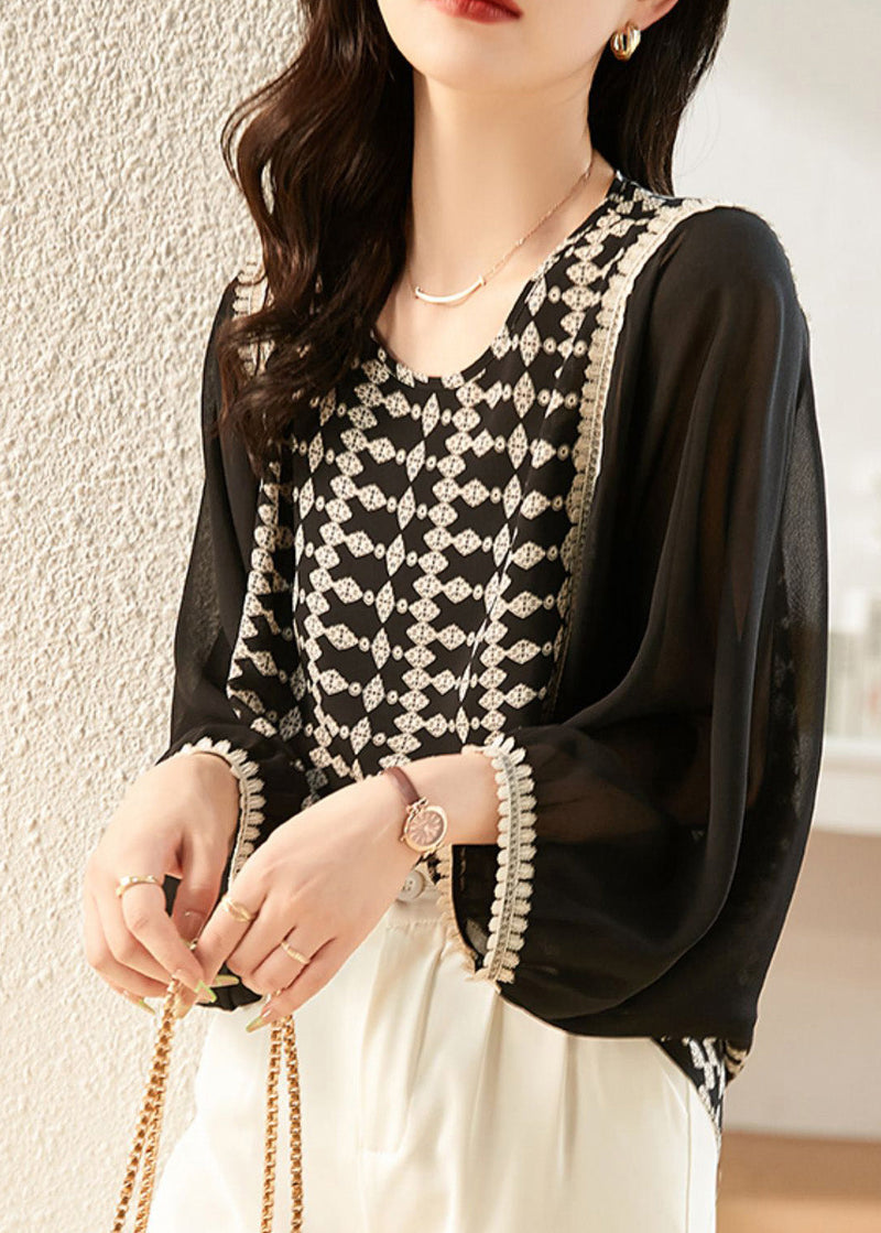 Black O-neck Print Patchwork Chiffon Shirt Long Sleeve