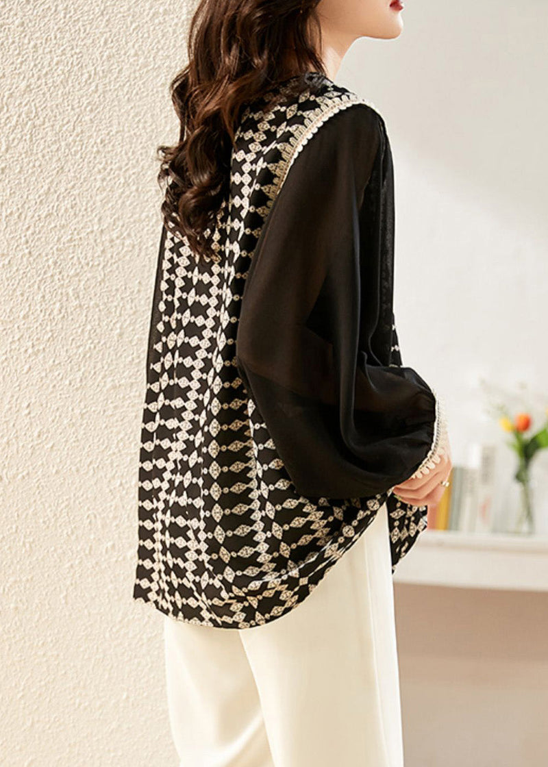 Black O-neck Print Patchwork Chiffon Shirt Long Sleeve