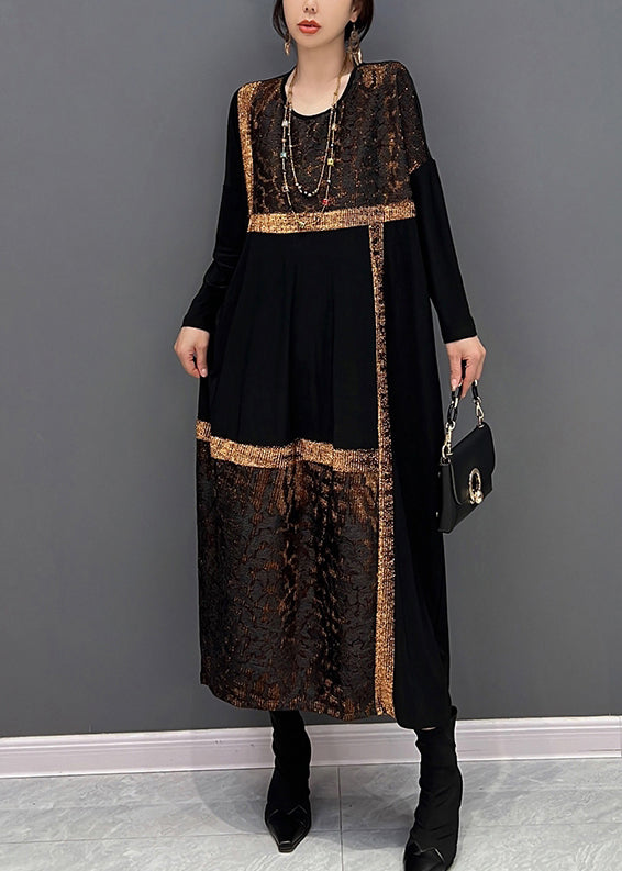 Black O-neck Print Patchwork Maxi Dresses Fall
