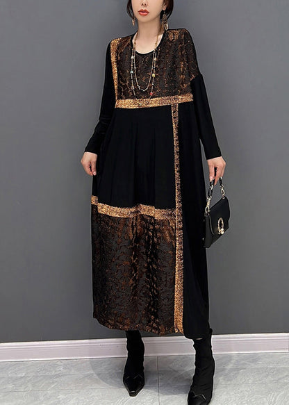 Black O-neck Print Patchwork Maxi Dresses Fall