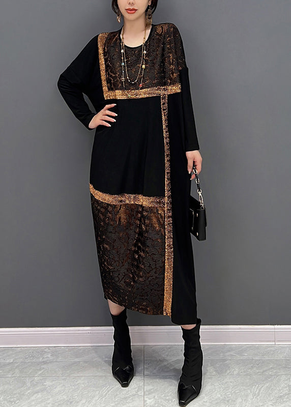 Black O-neck Print Patchwork Maxi Dresses Fall