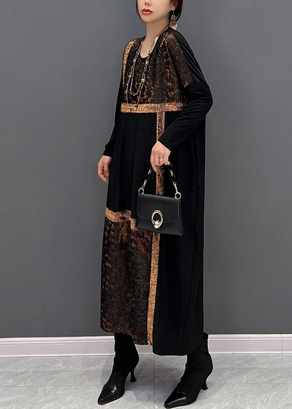 Black O-neck Print Patchwork Maxi Dresses Fall