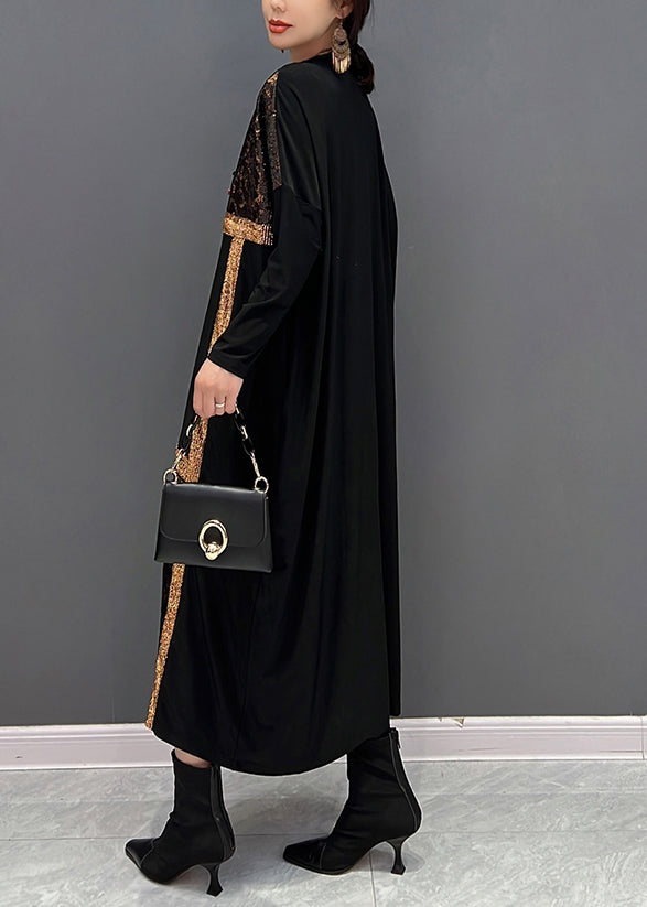 Black O-neck Print Patchwork Maxi Dresses Fall