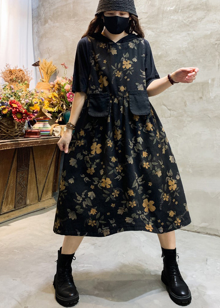 Black O-neck Print Pockets Cotton Long Dress Sleeveless