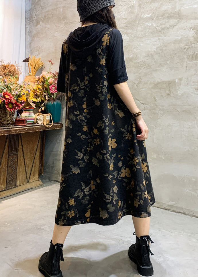 Black O-neck Print Pockets Cotton Long Dress Sleeveless