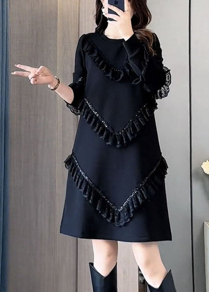 Black O-neck Ruffled Patchwork Mid Dress Fall
