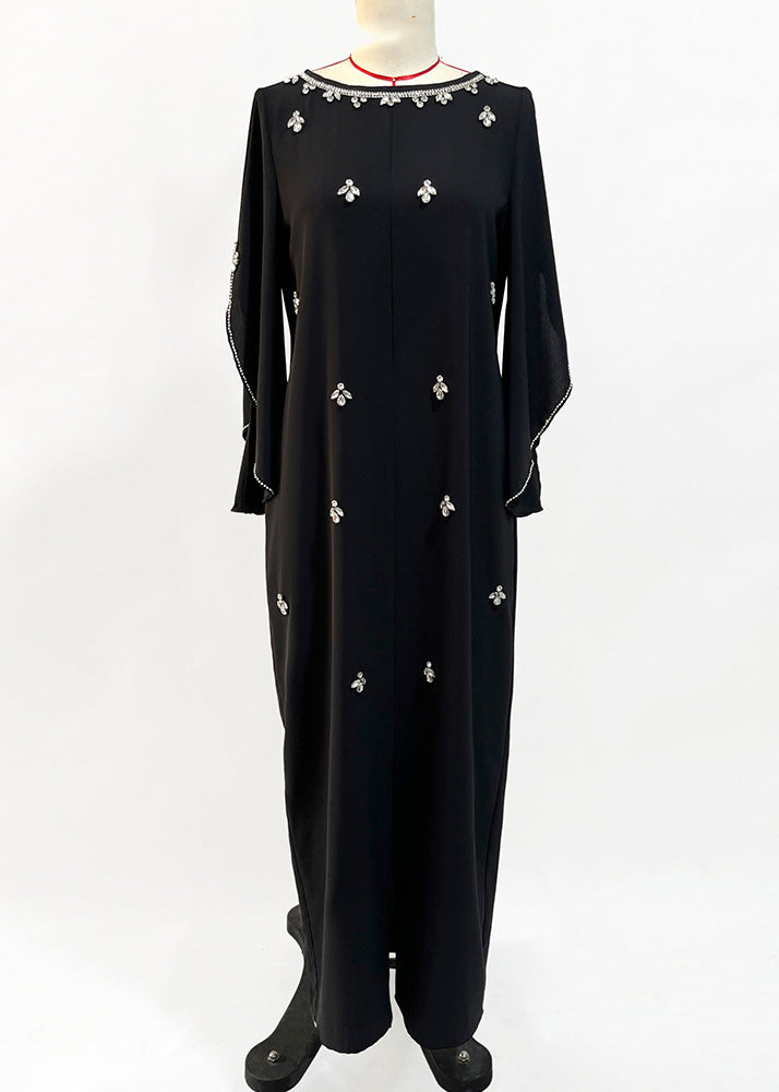 Black O-neck Side Open Zircon Chiffon Long Dress Summer