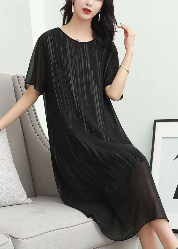 Black O Neck Striped Patchwork Chiffon Dress Summer