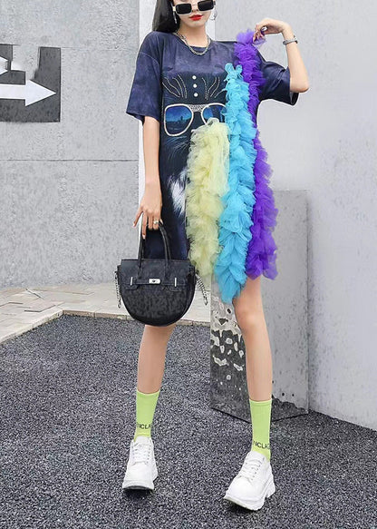 Black O-neck Tulle Patchwork T Shirt Summer