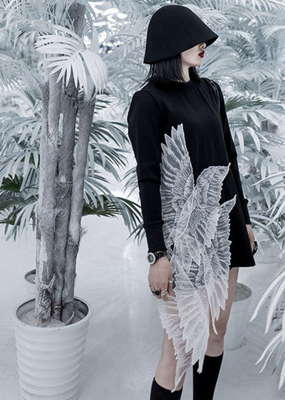 Black O-neck Wing Embroideried Tulle Patchwork Cotton Mini Dress Long Sleeve