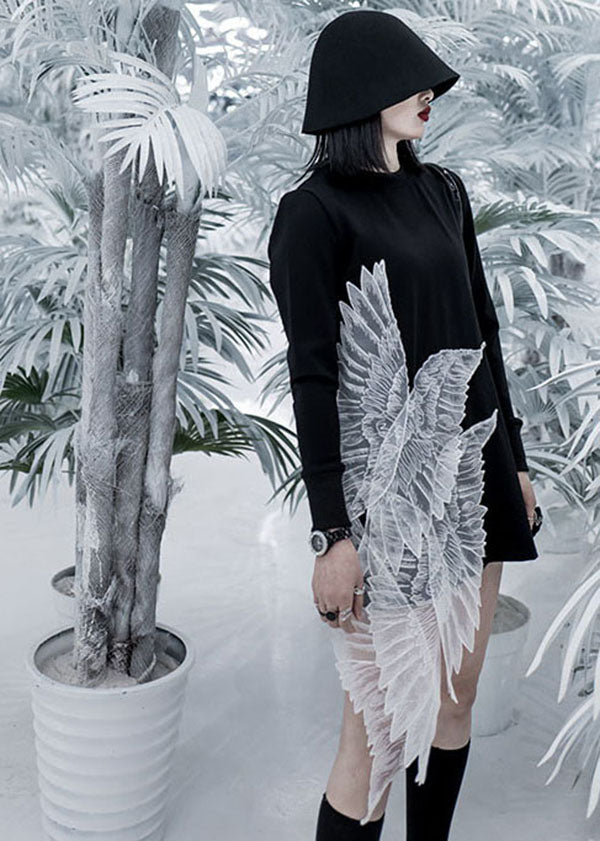 Black O-neck Wing Embroideried Tulle Patchwork Cotton Mini Dress Long Sleeve