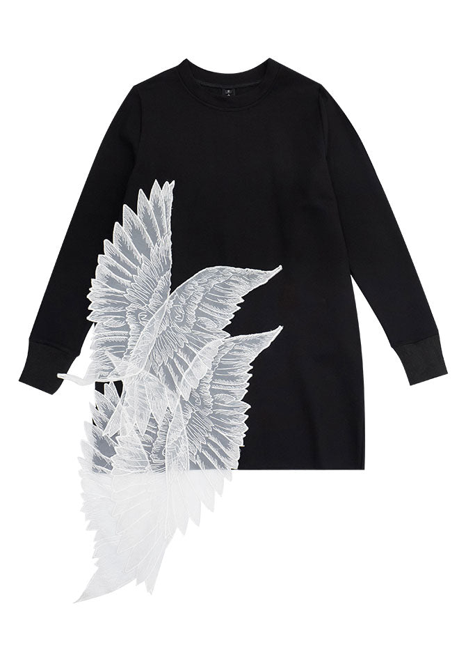 Black O-neck Wing Embroideried Tulle Patchwork Cotton Mini Dress Long Sleeve