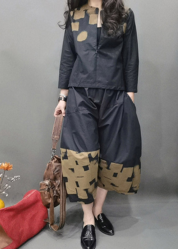 Black O-neck Zippered Cotton Top and Wide Leg Pants Two Pieces Set Spring