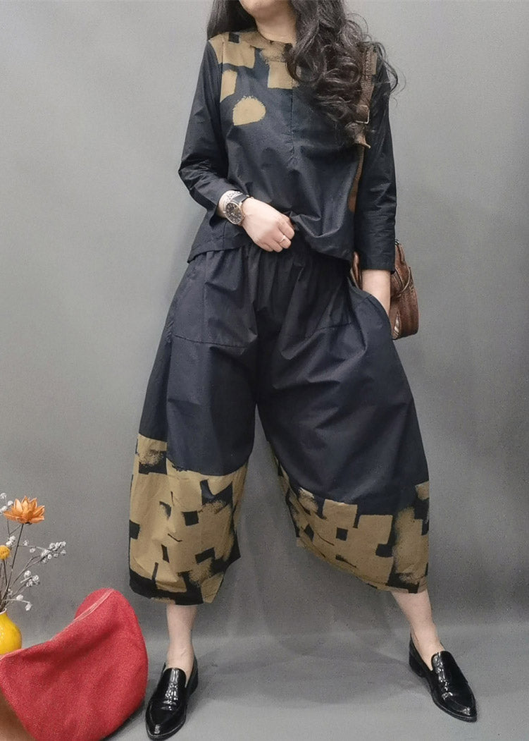 Black O-neck Zippered Cotton Top and Wide Leg Pants Two Pieces Set Spring