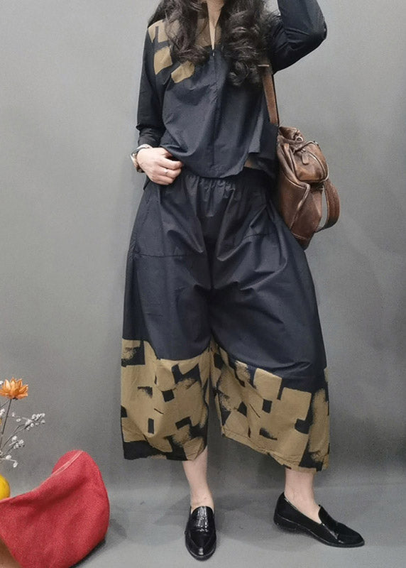 Black O-neck Zippered Cotton Top and Wide Leg Pants Two Pieces Set Spring