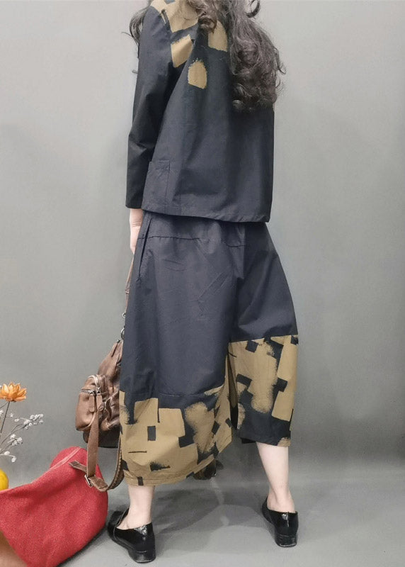 Black O-neck Zippered Cotton Top and Wide Leg Pants Two Pieces Set Spring