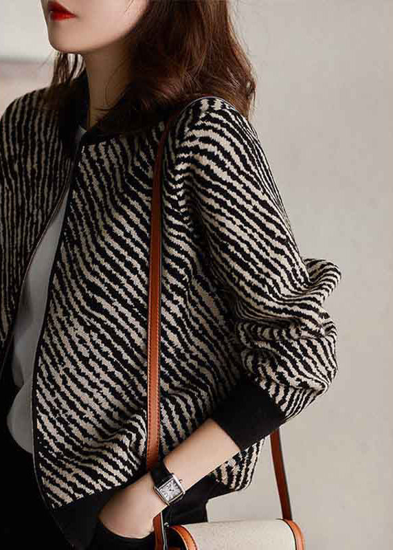 Black O-neck Zippered Striped Knit Coat Long Sleeve