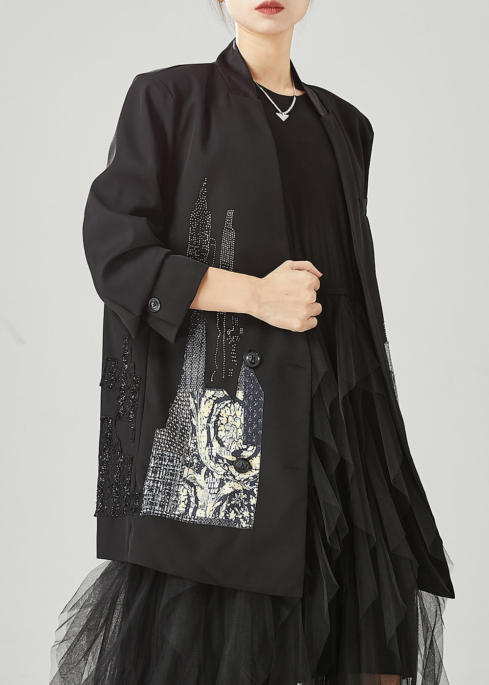 Black Original Design Patchwork Spandex Coats Spring