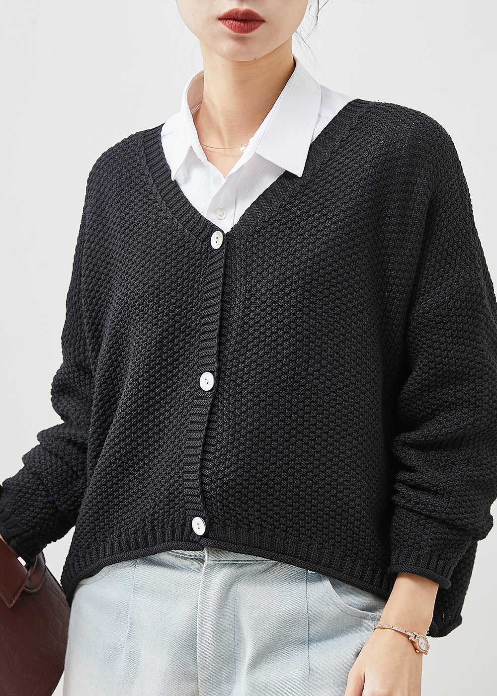 Black Oversized Button Knit Coat Spring