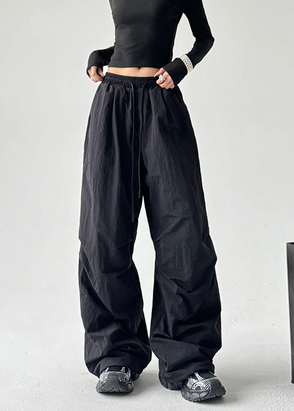 Black Oversized Elastic Waist Cotton Pants Spring