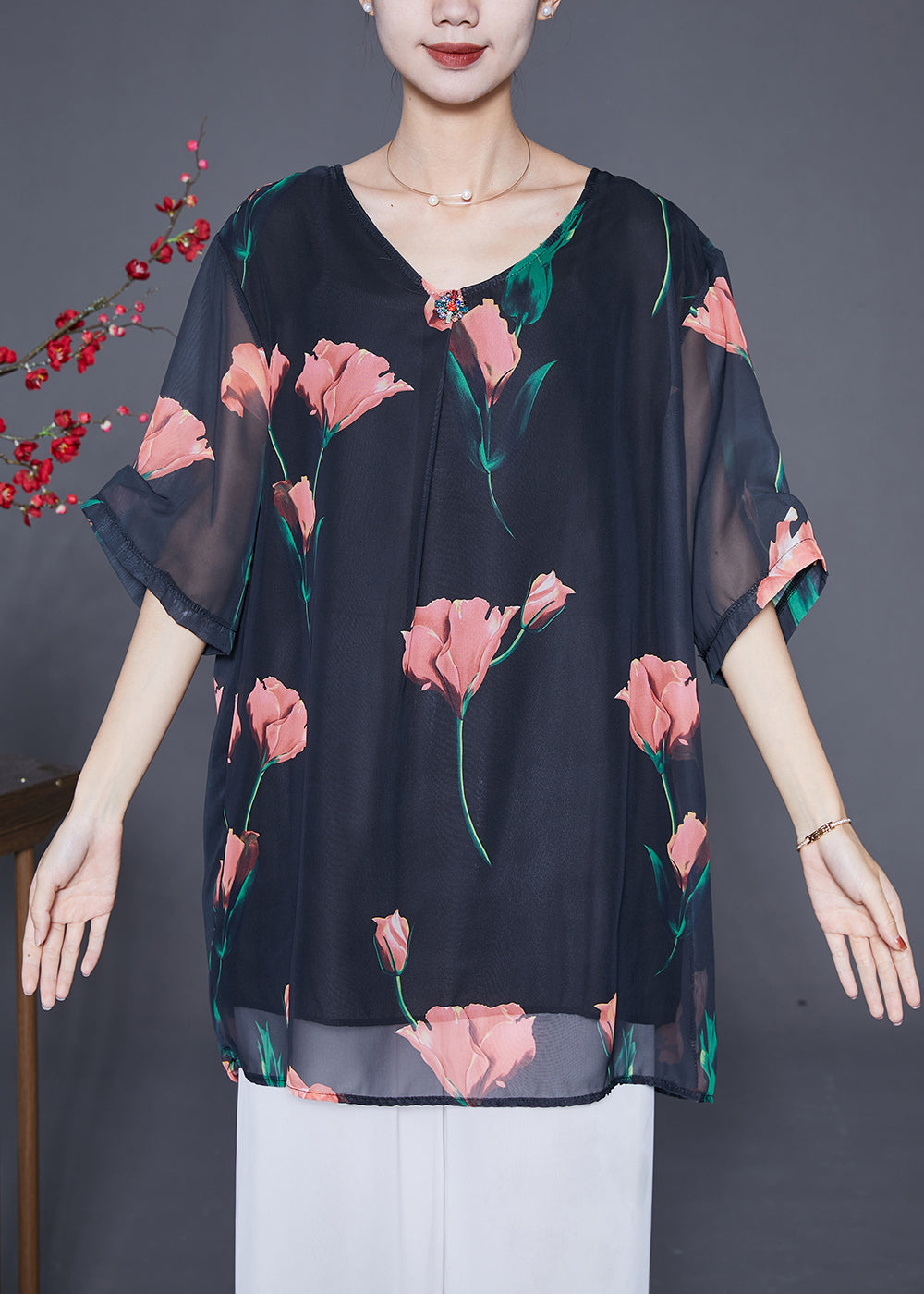 Black Oversized Chiffon Shirt Top Summer