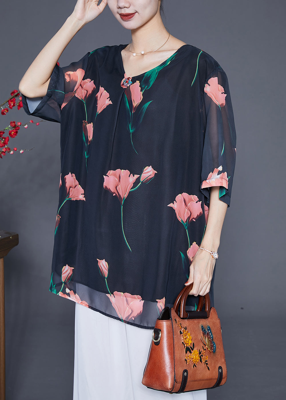 Black Oversized Chiffon Shirt Top Summer