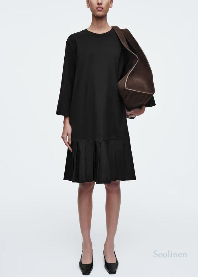 Black Oversized Patchwork Cotton Pleated Dress Bracelet Sleeve